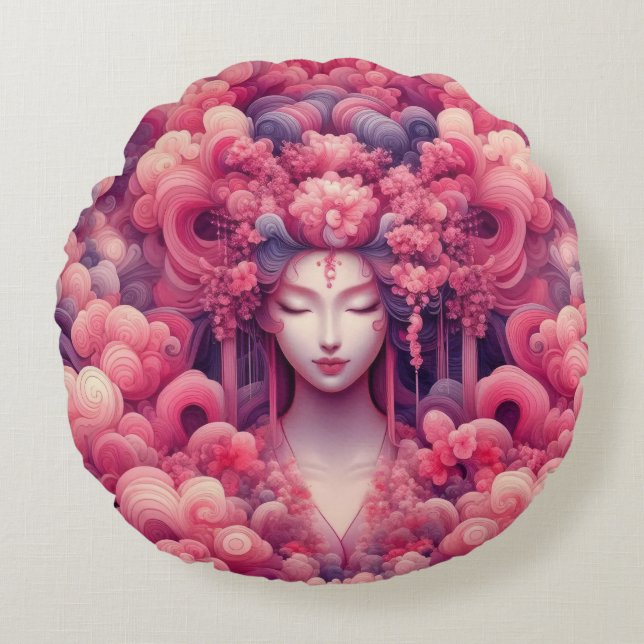 Oriental abstract dreamy Geisha pink clouds Round Pillow (Front)