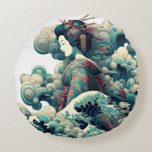 Oriental abstract Geisha Kanagawa waves clouds Round Pillow