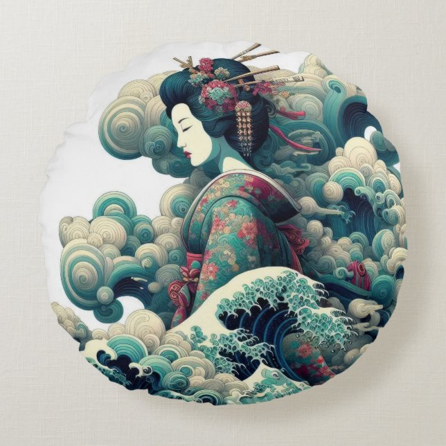 Oriental abstract Geisha Kanagawa waves clouds Round Pillow (Front)