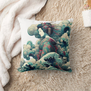 Oriental abstract Geisha Kanagawa waves clouds Throw Pillow