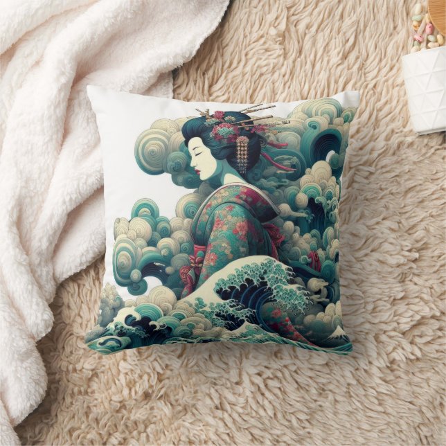 Oriental abstract Geisha Kanagawa waves clouds Throw Pillow (Blanket)