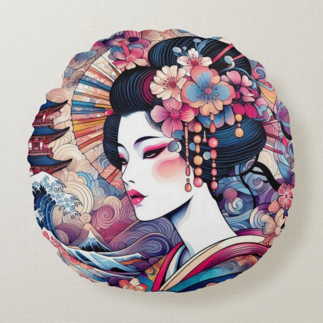 Oriental abstract Geisha pink flowers waves Round Pillow (Front)