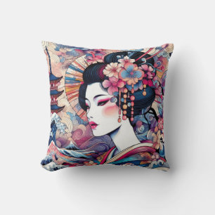 Oriental abstract Geisha pink flowers waves Throw Pillow
