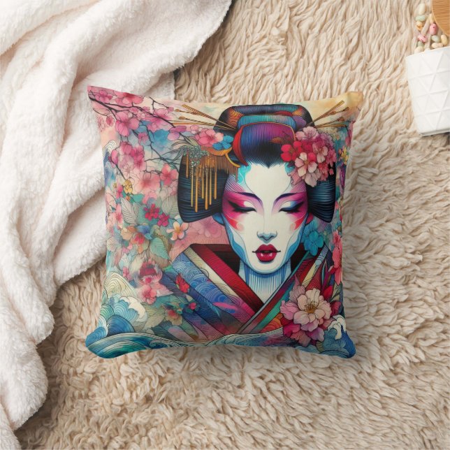 Oriental abstract Geisha sakura flowers tattoo Throw Pillow (Blanket)