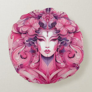 Oriental abstract symetrical Geisha pink flowers Round Pillow
