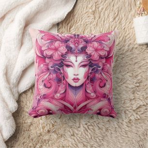 Oriental abstract symetrical Geisha pink flowers Throw Pillow