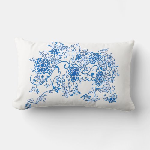 Oriental Accent Blue and White Porcelain Floral Lumbar Pillow