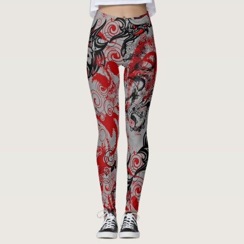 Oriental Accent Dragons Grungy Abstract Art Leggings