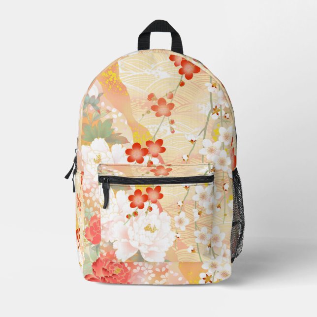 Oriental Accent Japanese Floral Printed Backpack (Front)