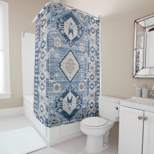 Oriental Antique Blue Kilim Rug   Shower Curtain (In Situ)