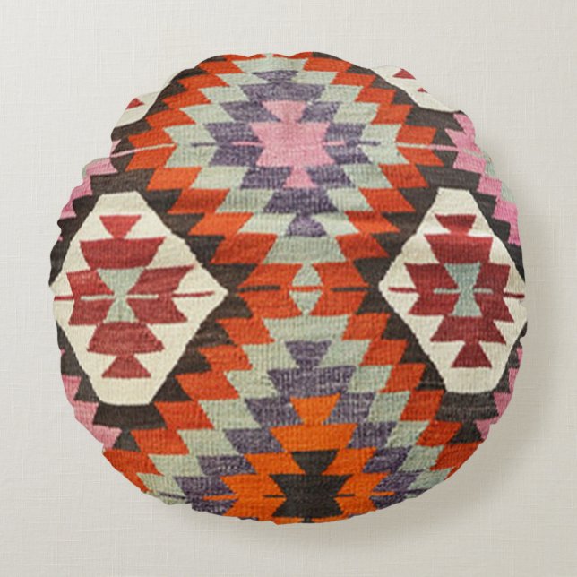 Oriental Antique Persian Turkish Kilim Carpet Round Pillow (Front)