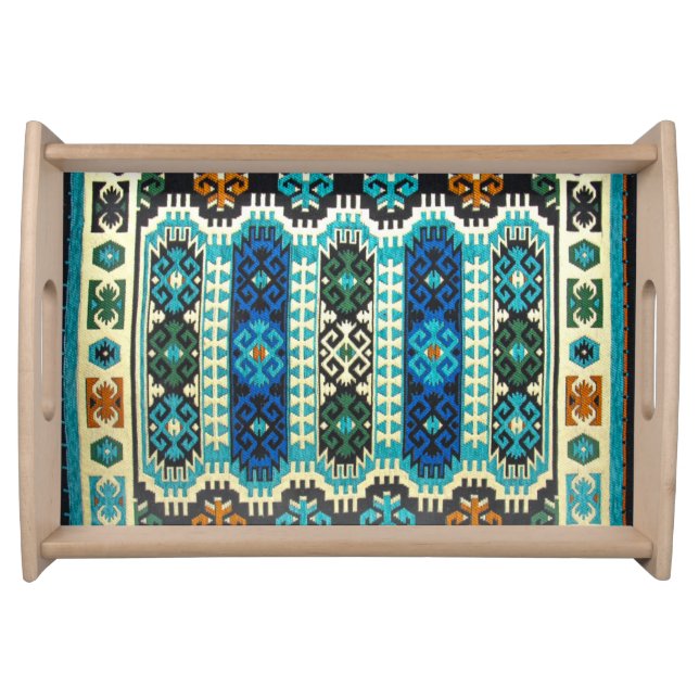 Oriental Antique Turkish Persian Rug Blue Green Serving Tray (Front)