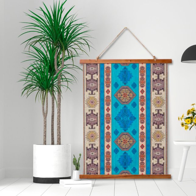 Oriental Aqua Blue Gold Turkish Kilim Wall Hanging Tapestry (Creator Uploaded)