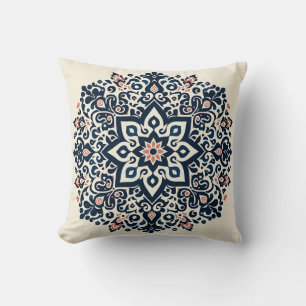 Oriental Arabesque Mandala Bloom in Navy, Coral an Throw Pillow