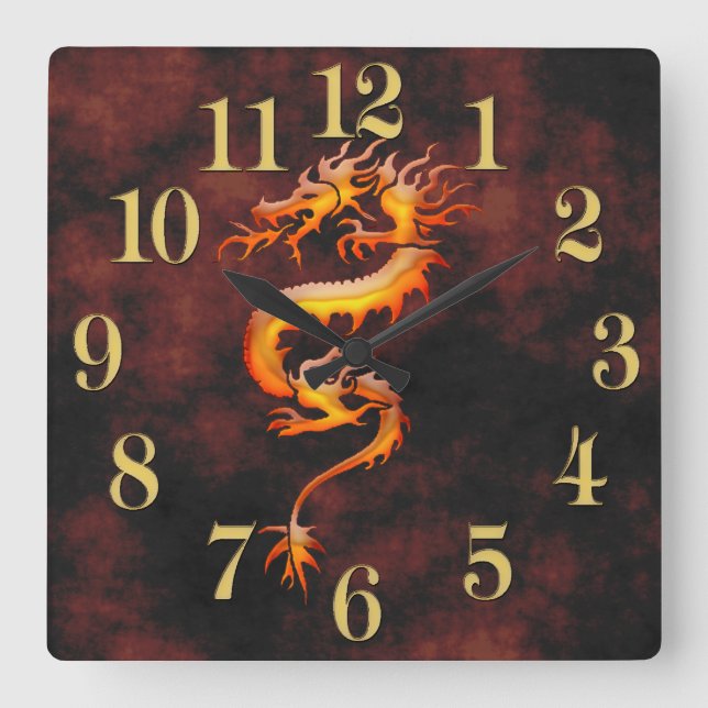Oriental Asian Gold Dragon Designer Timepiece Square Wall Clock (Front)