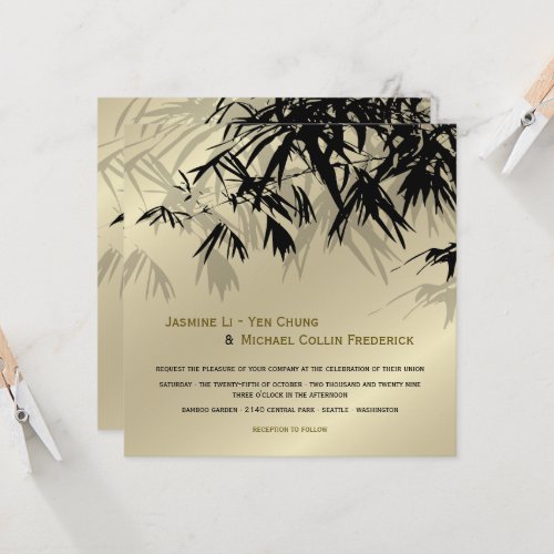 Oriental Bamboo Leaves Black Gold Asian Wedding Invitation