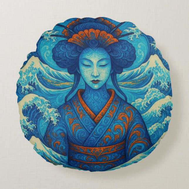 Oriental beauty Geisha Kanagawa blue waves Round Pillow (Front)