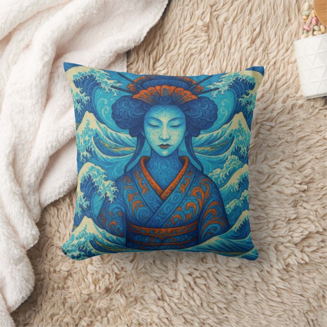 Oriental beauty Geisha Kanagawa blue waves Throw Pillow (Blanket)