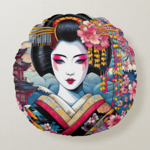 Oriental beauty Geisha Maiko sakura flowers waves Round Pillow