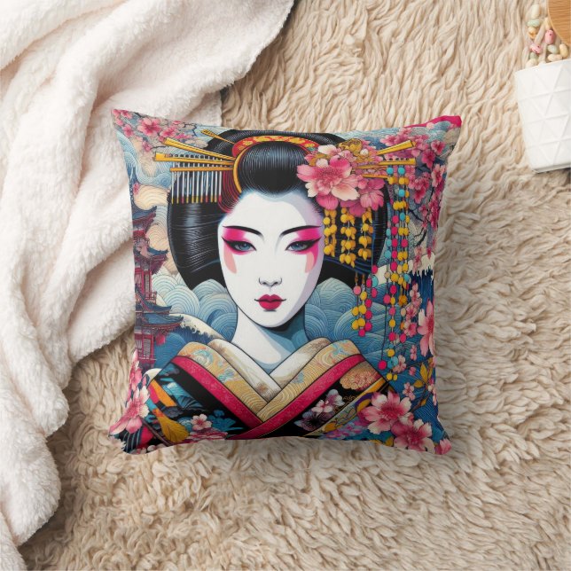Oriental beauty Geisha Maiko sakura flowers waves Throw Pillow (Blanket)