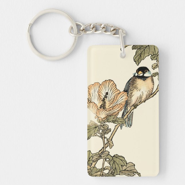 Oriental Bird Perched on Branch Keychain (Front)