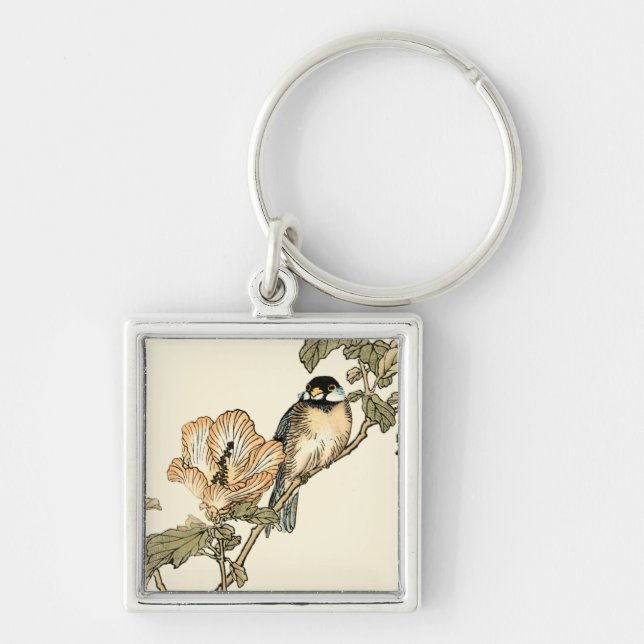 Oriental Bird Perched on Branch Keychain (Front)