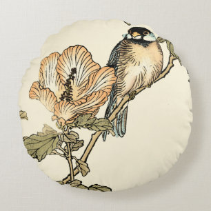 Oriental Bird Perched on Branch Round Pillow