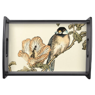 Oriental Bird Perched on Branch Serving Tray