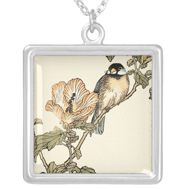 Oriental Bird Perched on Branch Silver Plated Necklace (Front)