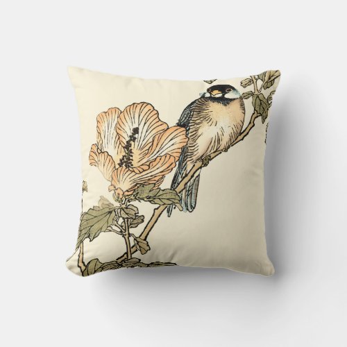 Oriental Bird Perched on Branch Throw Pillow
