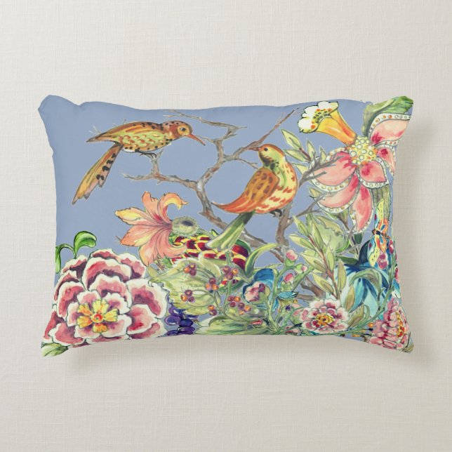 Oriental Birds in Flower Garden Chinoiserie Blue Accent Pillow (Front)
