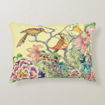 Oriental Birds in Flower Garden Chinoiserie Yellow Accent Pillow