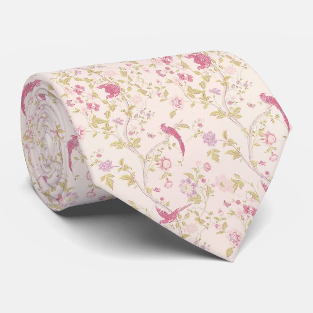 Oriental Birds on Pale Pink Neck Tie (Rolled)