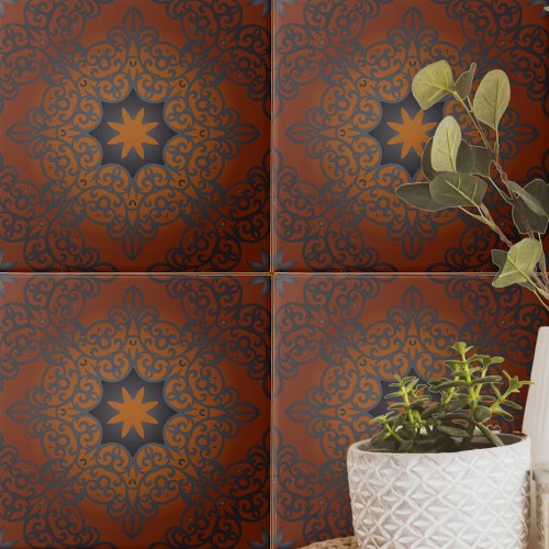 Oriental Black Brown Red Ombre Arabesque Pattern Ceramic Tile