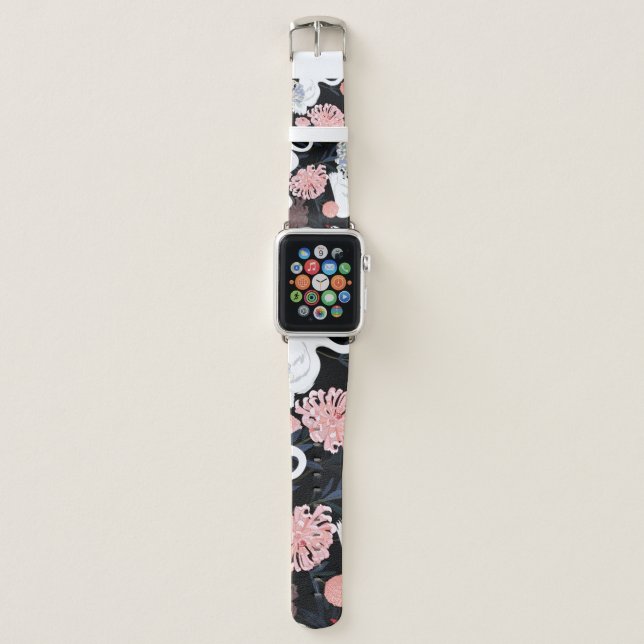 Oriental Blooming Flowers Swan Pattern Apple Watch Band (Front)