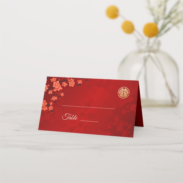 Oriental Blossom Red Gold | Chinese Wedding Place Card (Front)