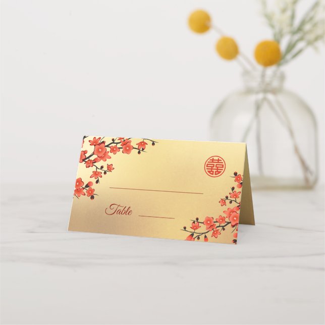 Oriental Blossom Red Gold | Chinese Wedding Place Card (Front)