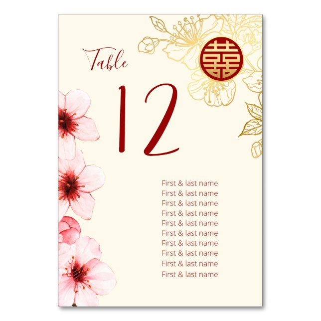 Oriental Blossoms Chinese Wedding Table Number (Front)