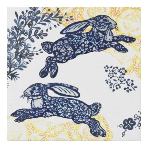 Oriental Blue and White Chinoiserie Bunny Rabbit Faux Canvas Print