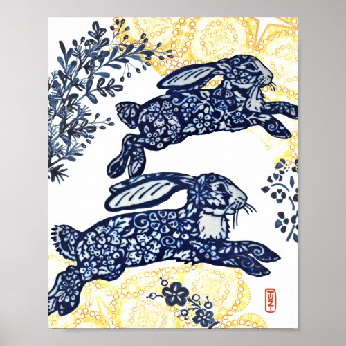 Oriental Blue and White Chinoiserie Bunny Rabbit Poster