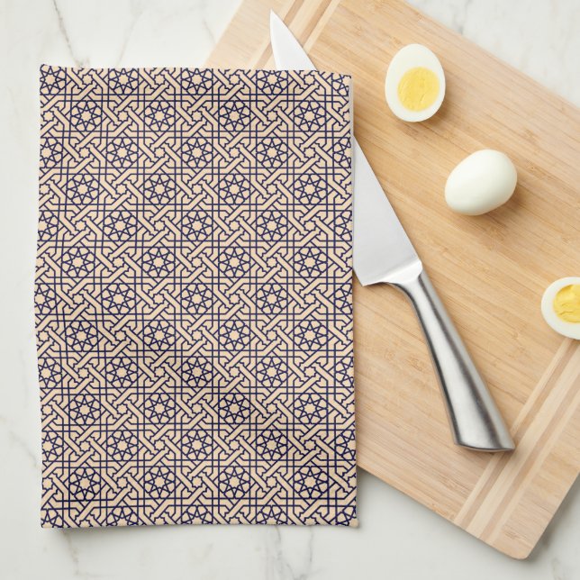Oriental Blue Beige Moroccan Geometric Pattern Kitchen Towel (Quarter Fold)
