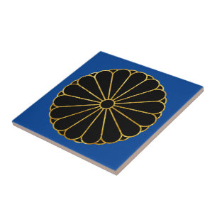 Oriental Blue Black Faux Gold Kiku Chrysanthemum Ceramic Tile
