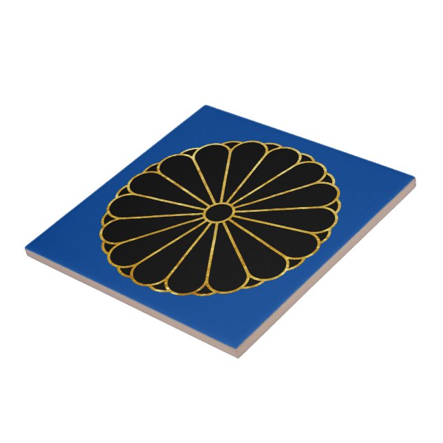 Oriental Blue Black Faux Gold Kiku Chrysanthemum Ceramic Tile (Side)