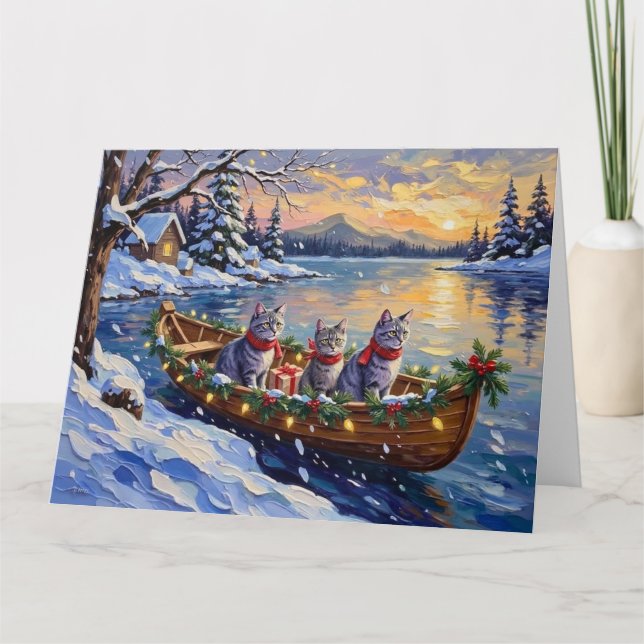 Oriental Blue Cat Christmas Boat Holiday Card (Front)