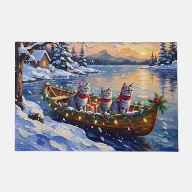 Oriental Blue Cat Christmas Boat Holiday Doormat (Front)