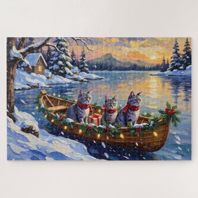 Oriental Blue Cat Christmas Boat Holiday Jigsaw Puzzle (Horizontal)