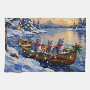Oriental Blue Cat Christmas Boat Holiday Kitchen Towel
