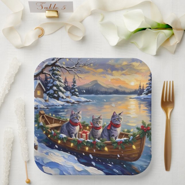 Oriental Blue Cat Christmas Boat Holiday Paper Plates (Wedding)