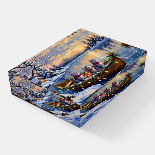 Oriental Blue Cat Christmas Boat Holiday Paperweight (Angled)