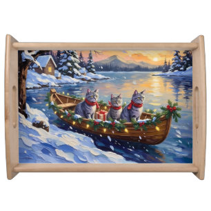 Oriental Blue Cat Christmas Boat Holiday Serving Tray
